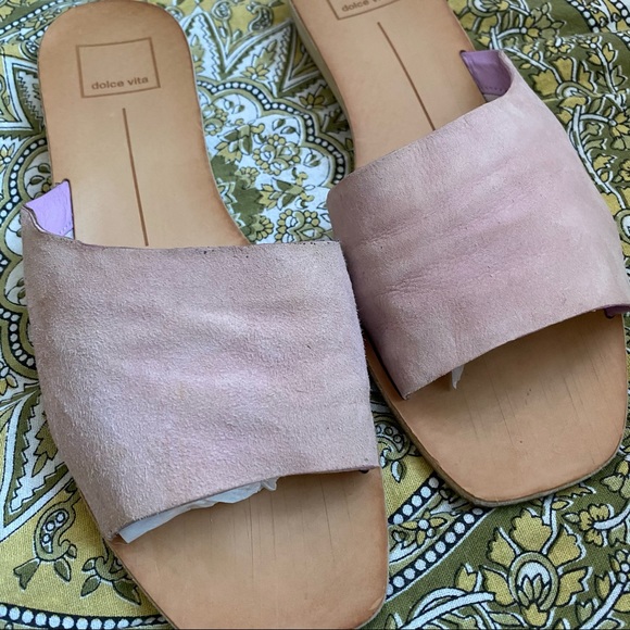 Dolce Vita Hildy Wooden Heeled Slip On Slides Sandals in Blush Pink Suede - Picture 7 of 10